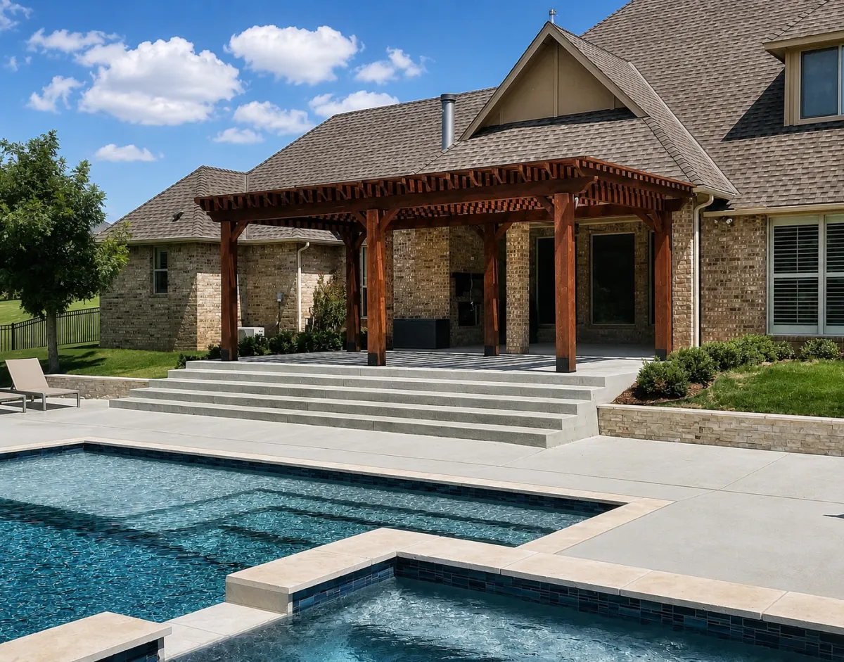 Custom wood pergola installation for a backyard outdoor living space in Oklahoma City, OK