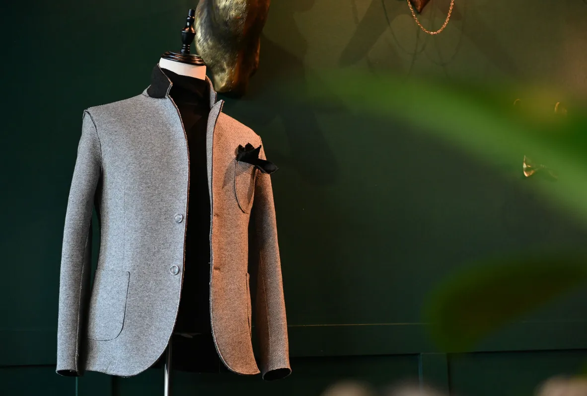 Grey Custom modern suit on display at The House of Suits in Coral gables