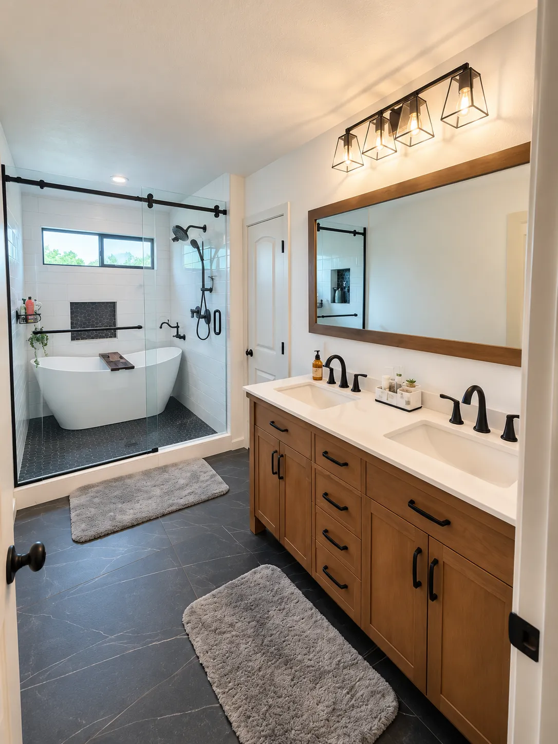 full bathroom remodel with new vanity, countertops, sinks, black matte fixtures, a custom tile shower with a freestanding tub set inside the shower