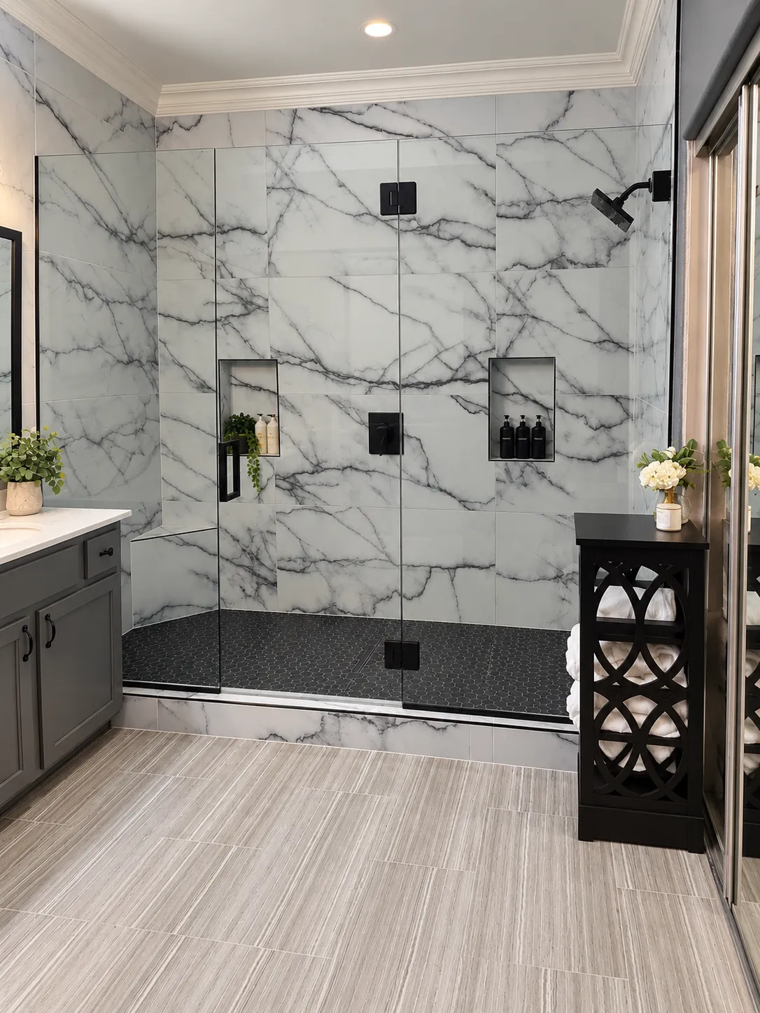 LVP floor in a bathroom with a tub and shower conversion to a large custom tile shower