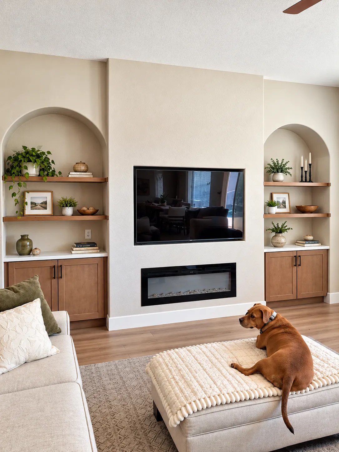 media wall with custom cabinets and shelving, a low profile fireplace and tv hung in the middle; a dog lies on an ottoman in the living room space