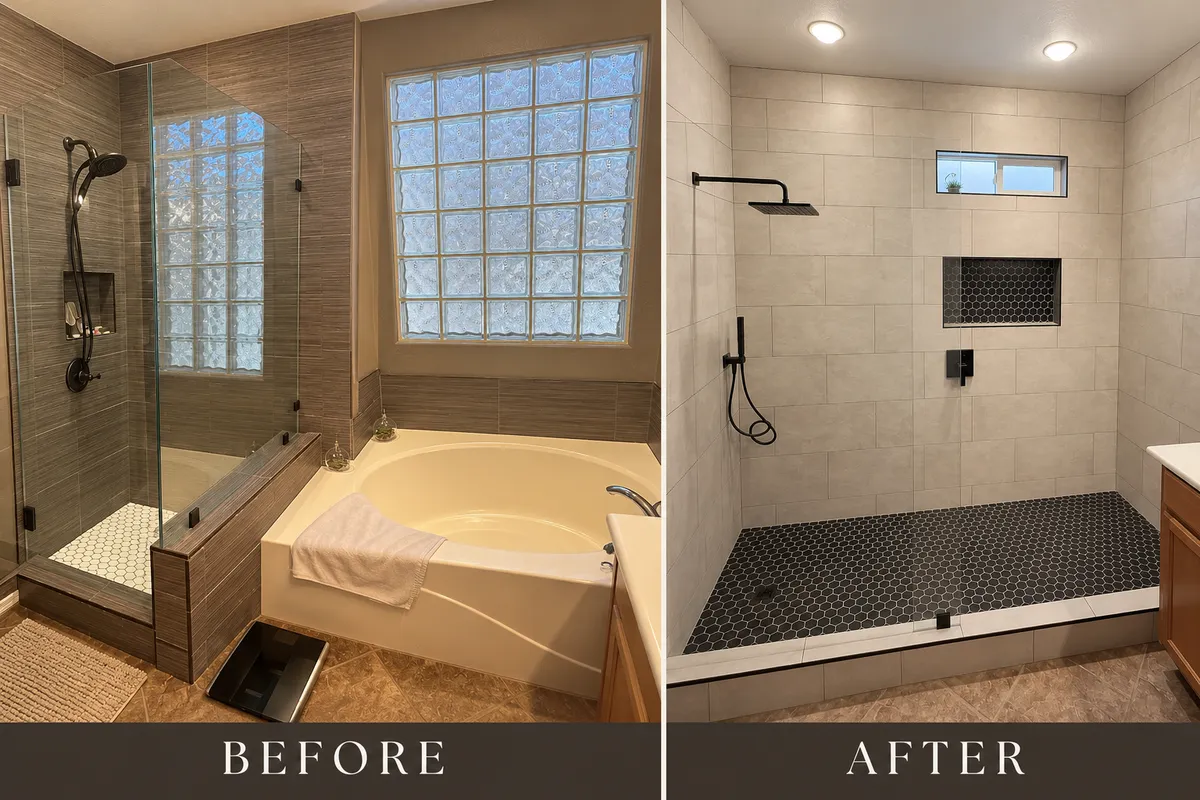 Before and after images of a builder-grade shower and garden tub and the new ACR-installed tile shower with niche and glass