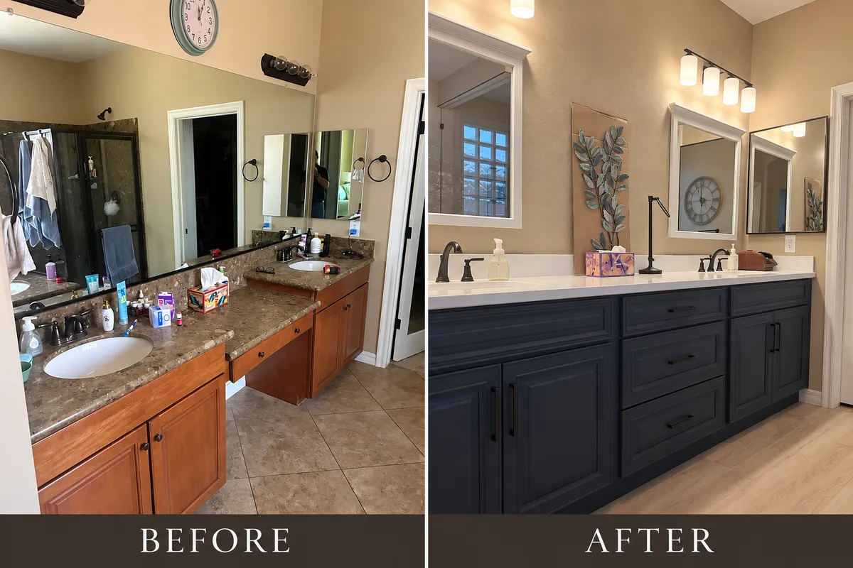 Before and after images of a primary bathroom vanity, with the before showing a lower counter make-up space, and the new a bloder dark stain, more storage, and individual sinks, new fixtures, and mirrors
