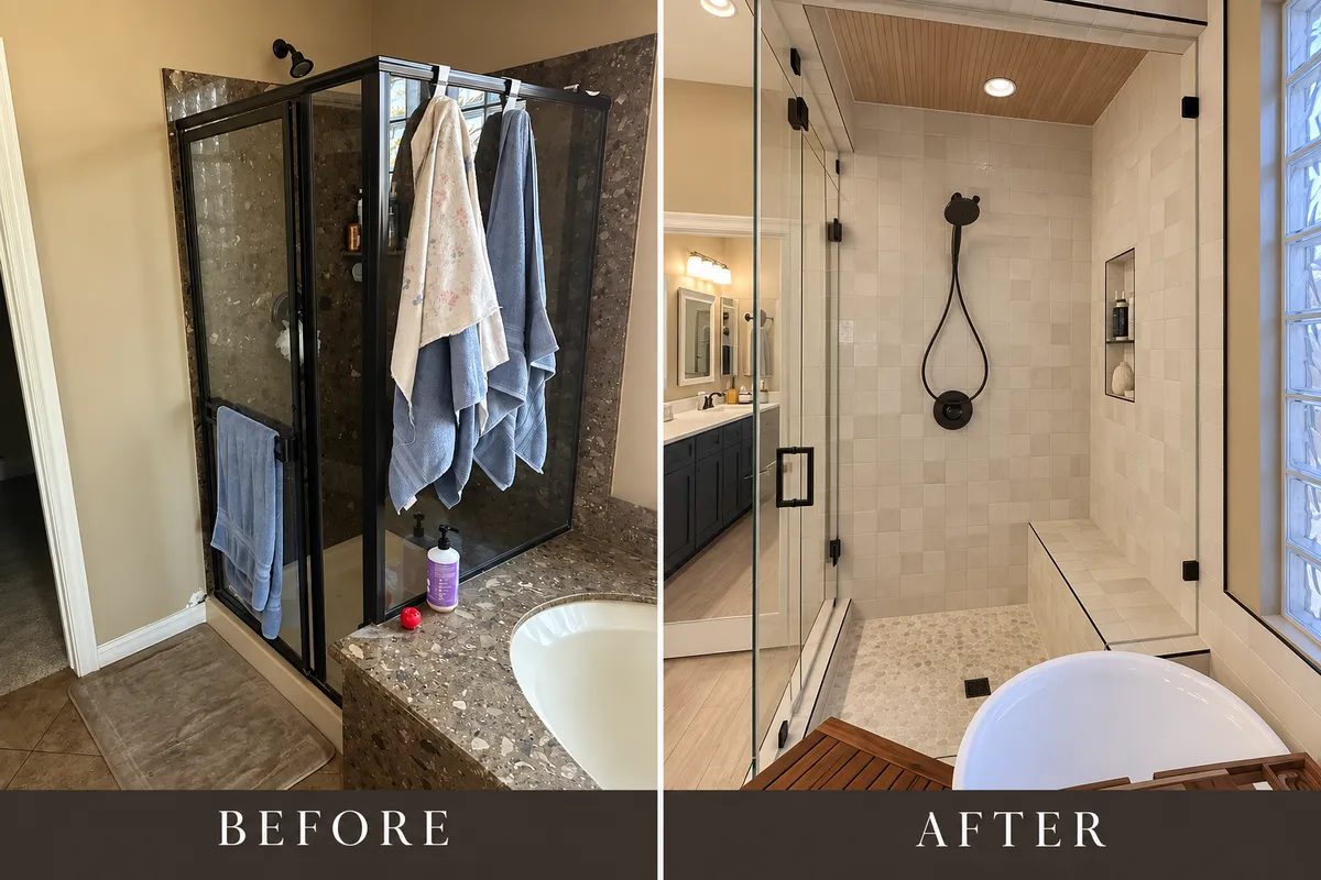 before and after images of a builder grade shower with black framed glass and framed drop-in tub and the new shower with light custom tile,a bench, freestanding tub, and tiled shower ceiling