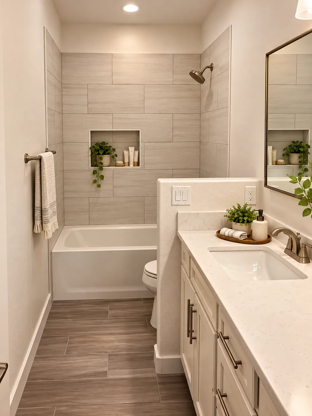 Hall Bathroom with tub, tile tub surround with a niche, a pony wall between the toilet and vanity and new vanity with underount sink