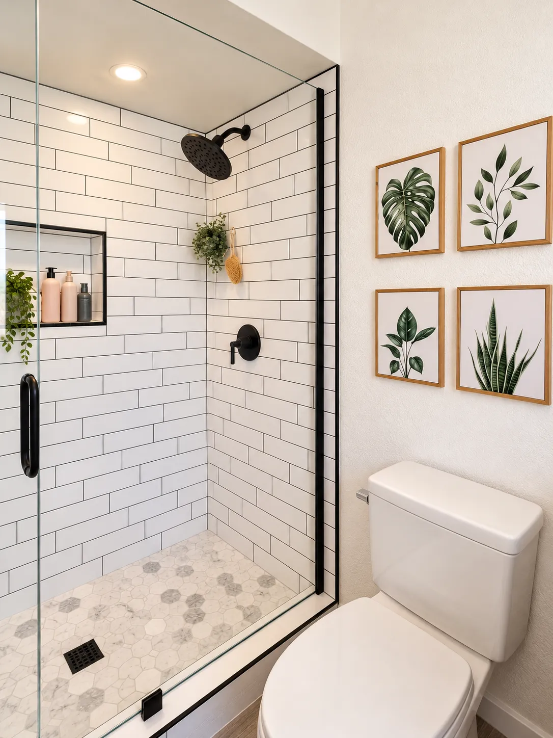 Hall bathroom with tub-to shower conversion, with white subway tile, black fixtures, a niche, and hex pan tile