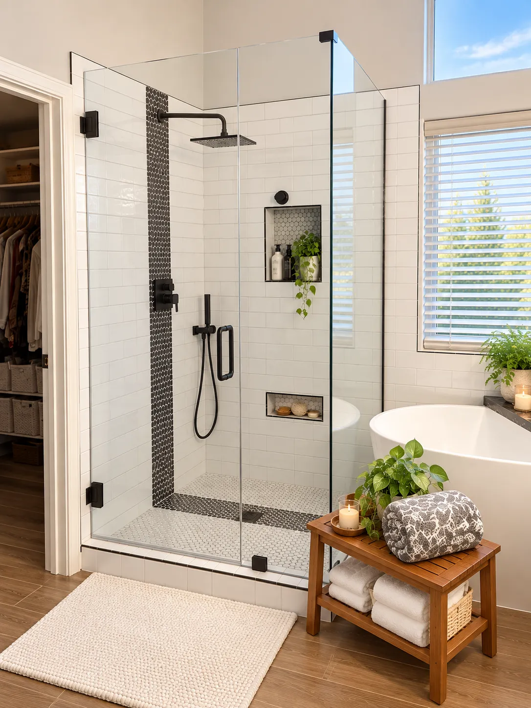 primary shower remodel with tile shower with a custom waterfall, a freestanding tub to the right, and decorative items on LVP flooring