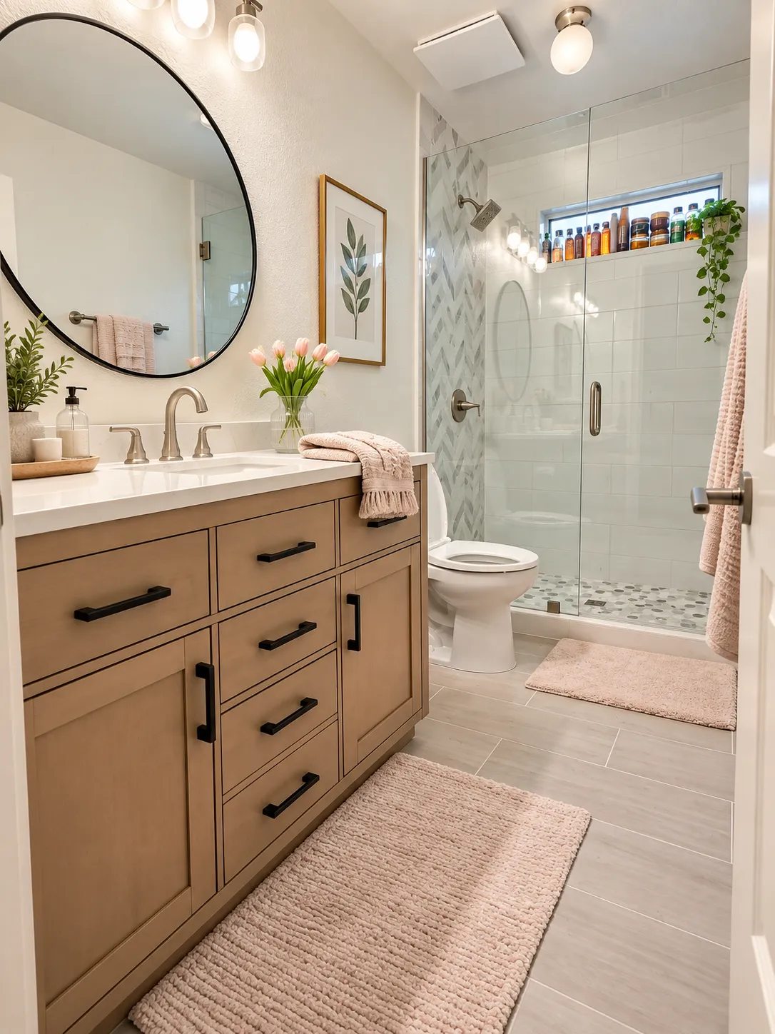 hall bathroom remodel with tub-to-shower conversion, custom shower with tile and glass door, new vanity, circle mirror, and new floors