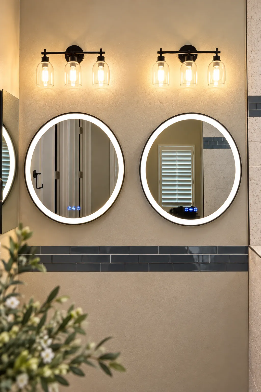 two round lighted mirrors hang on the wall in a newly remodeled bathroom