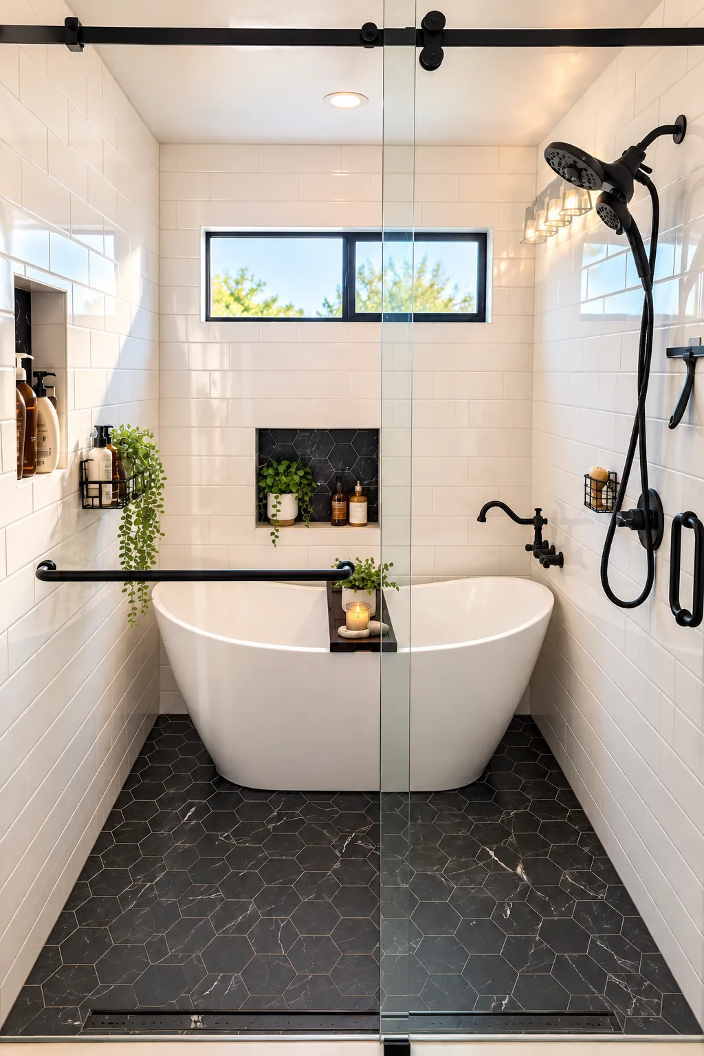 freestanding tub set inside a newly remodeled shower