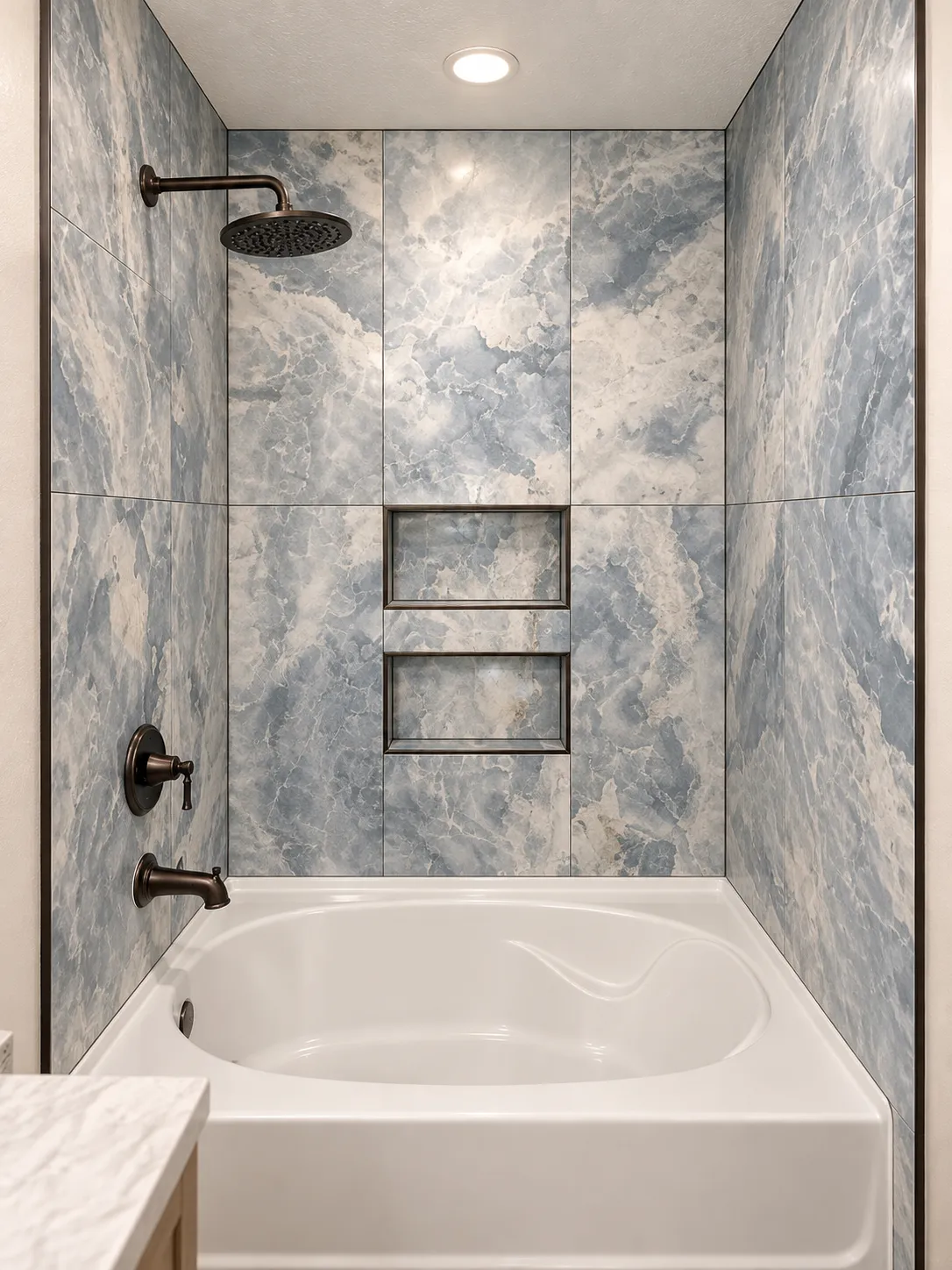 tile tub surround with two niches, bronze fixtures, and an oval alcove tub