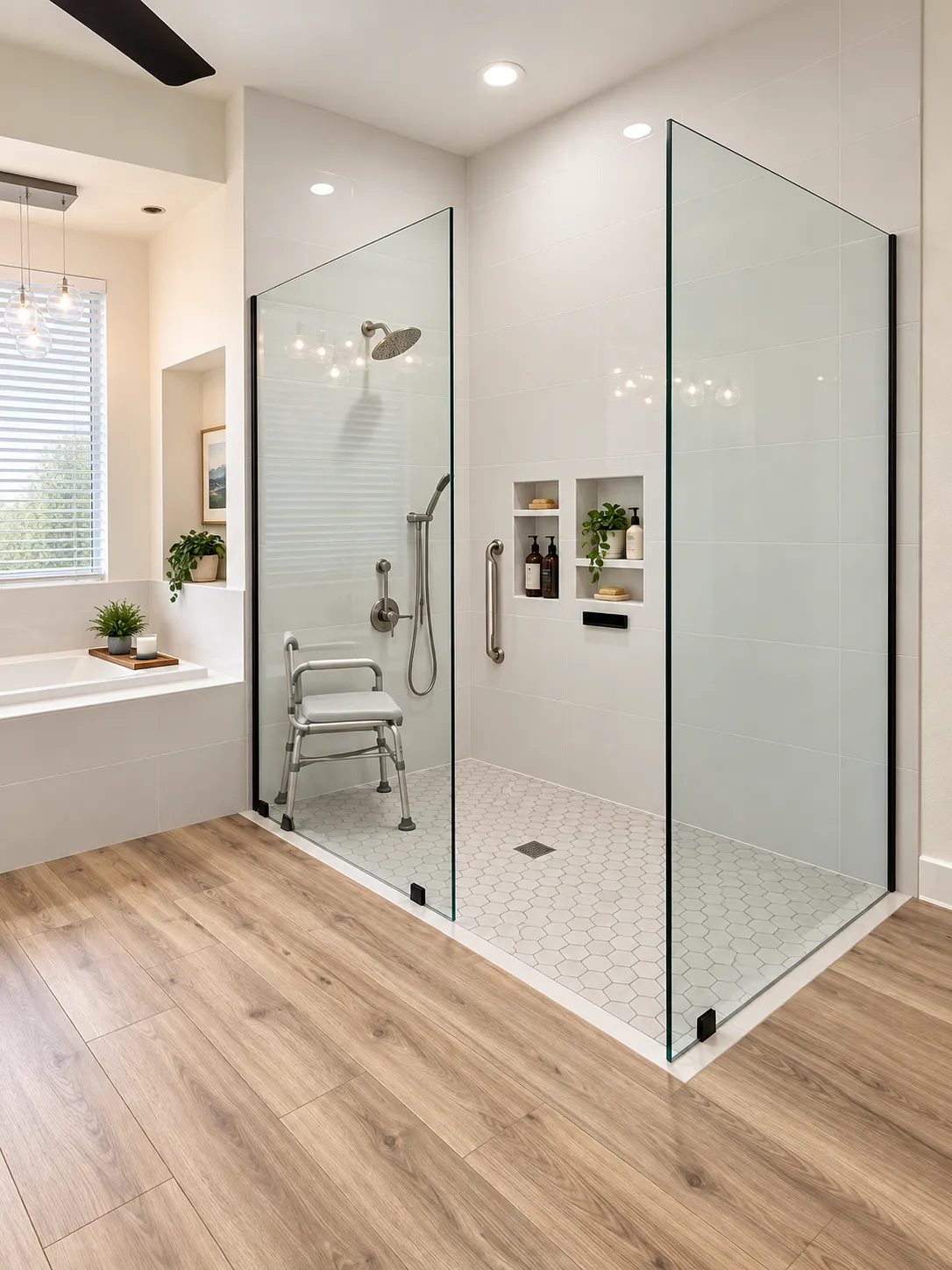 accessible shower with curbless entry, grab bars,and multiple niches
