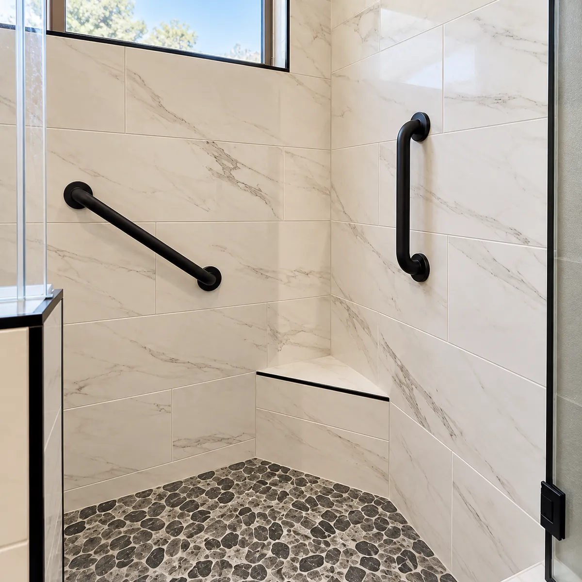 accessible shower with corner bench, two grab bars, marble-like porcelain tile, pony wall, and stone pan tile