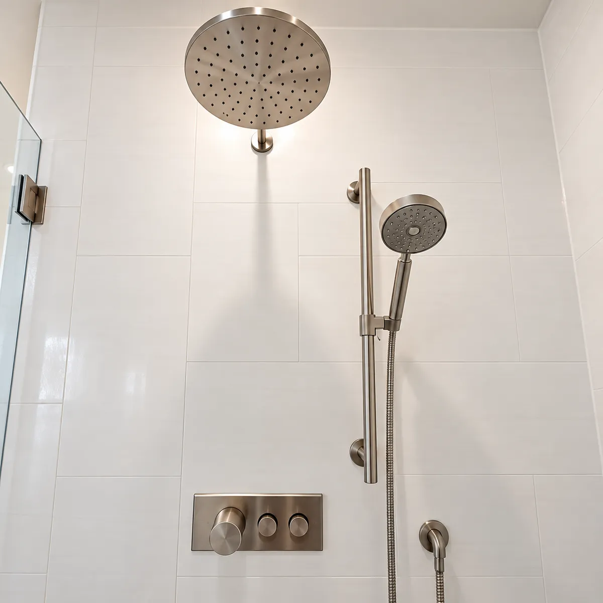 Brushed nickel shower head with slide hand and hand held wand