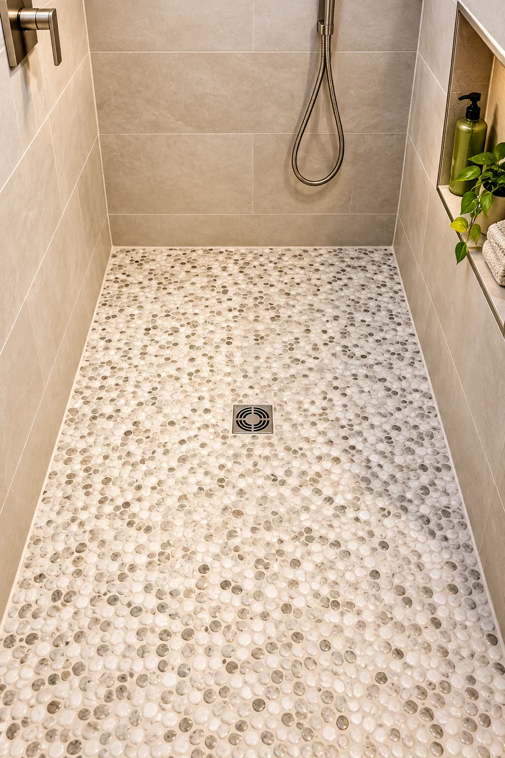 custom shower with niche and penny tile pan