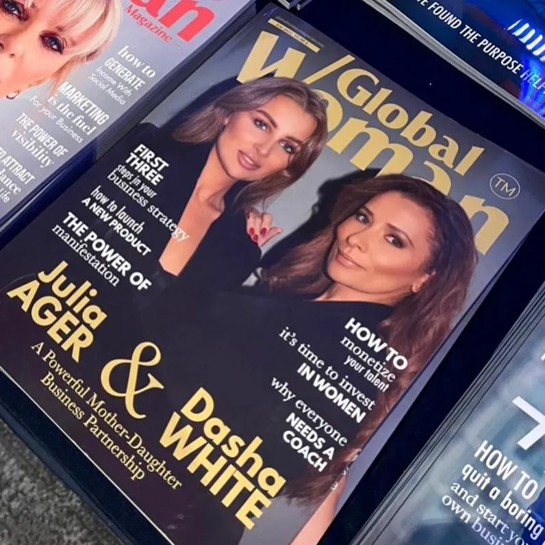 Dasha White and Julia Ager, magazine cover and article on a business collaboration on supporting clients with Investor Relations, Business Operations, Scaling Strategy and Marketing