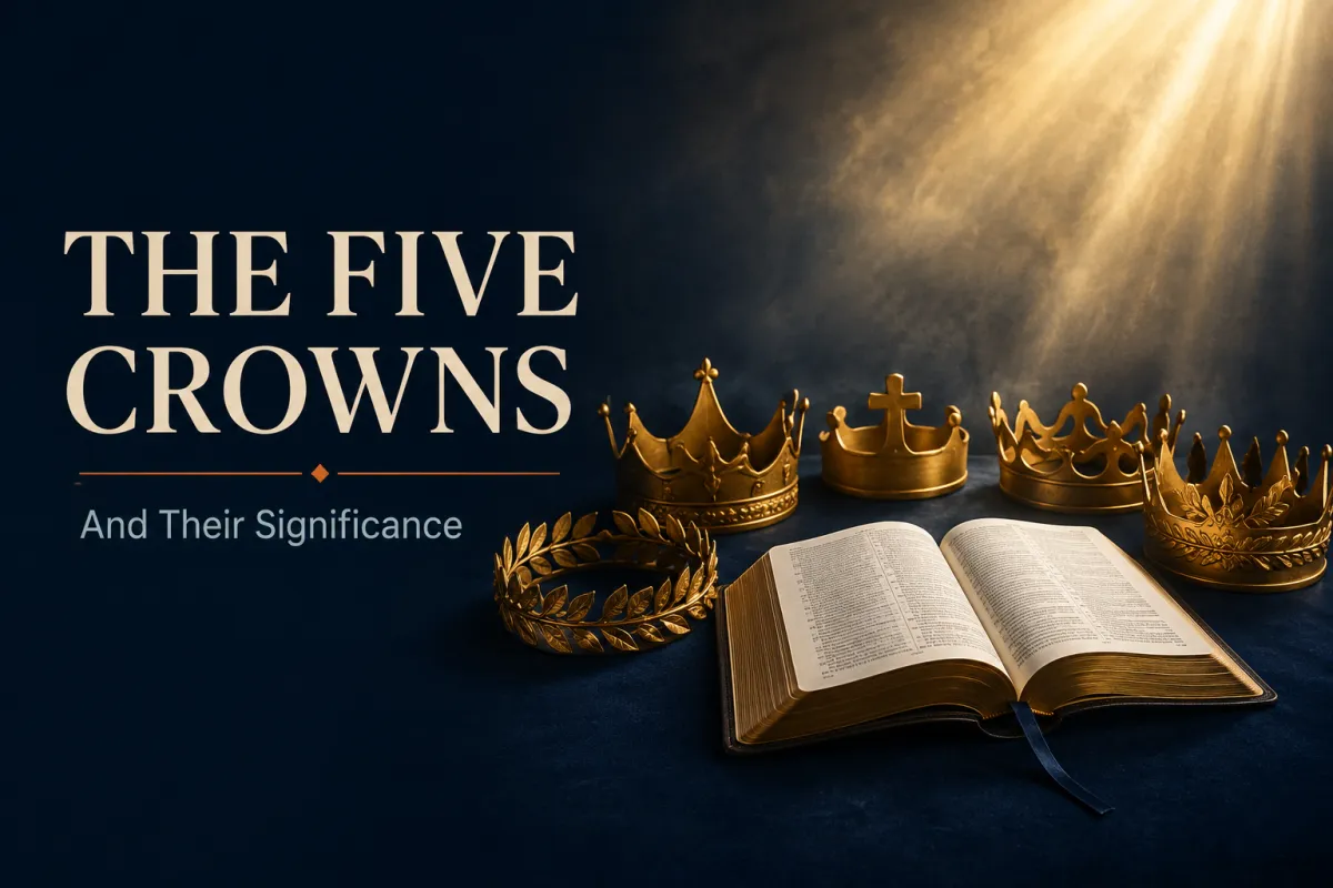 5 crowns around an open Bible with light shining down