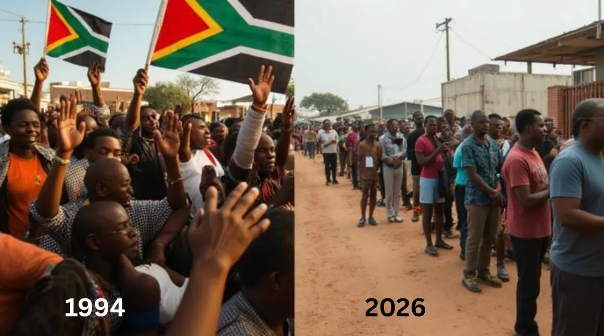 South Africans celebrating democracy contrasted with modern economic hardship and unemployment.