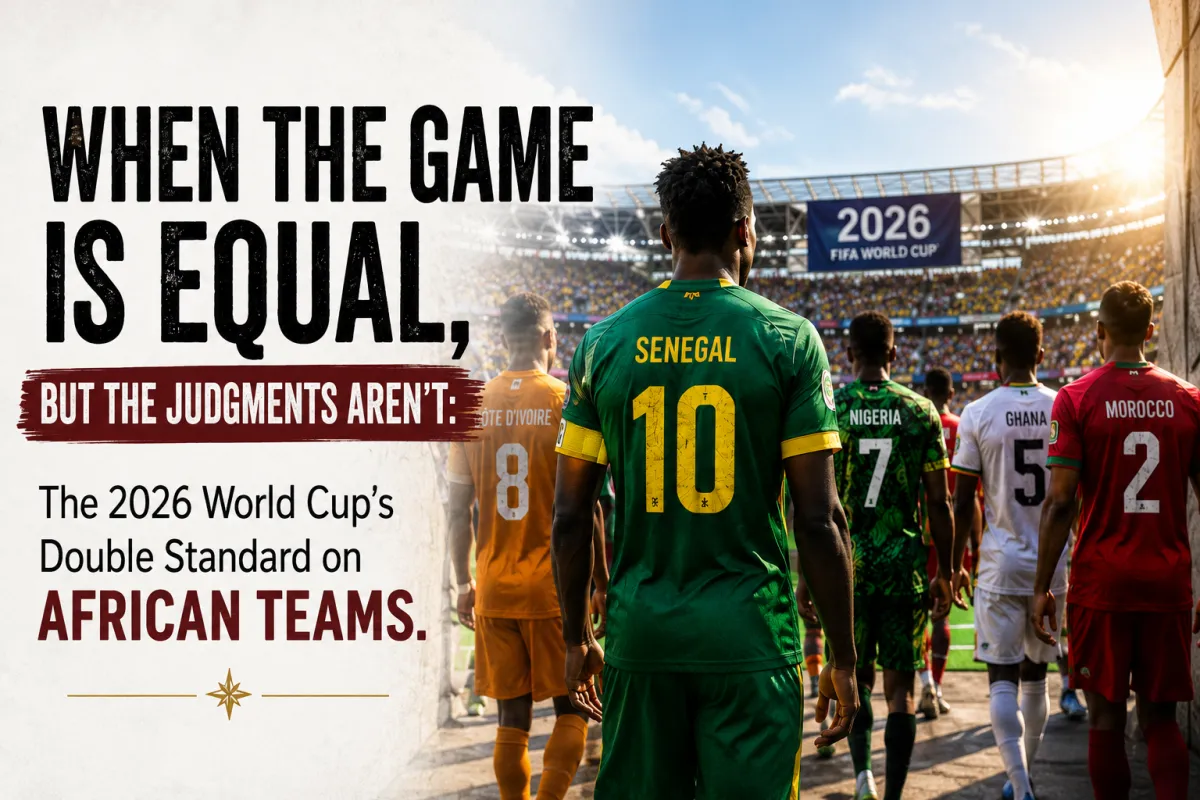 African national football teams enter a packed stadium during the 2026 FIFA World Cup, illustrating the debate over unequal standards and media bias toward African teams in international football.
