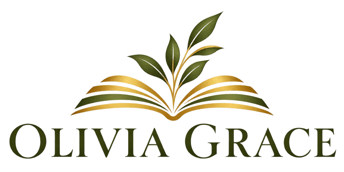 Olivia Grace author logo featuring a gold open book and green botanical leaves