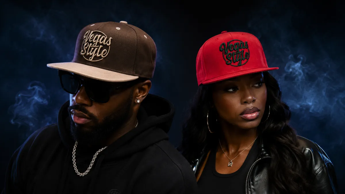 Man and woman wearing Vegas Style Brand ball caps