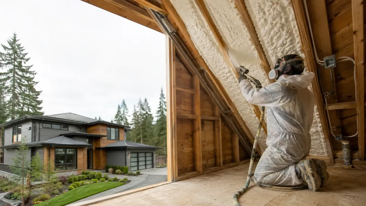 Close-up of a professional spray foam installer applying insulation to residential framing in Sammamish, Washington.