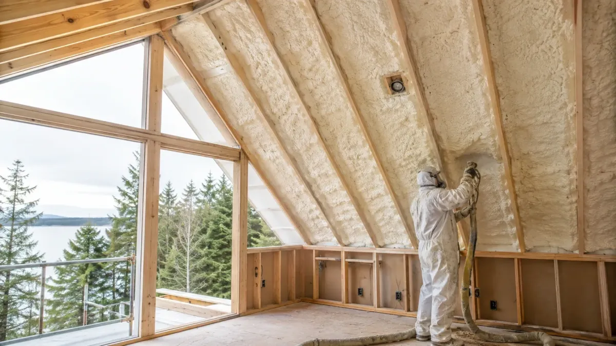 Technician completing spray foam insulation across a finished roof deck in a high-end Sammamish residence.