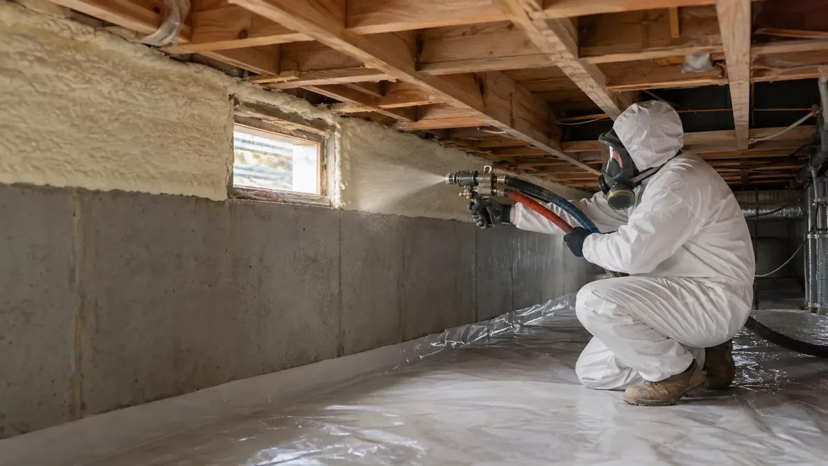 Professional spray foam contractor installing insulation along exposed building framing in the Sammamish Washington area.