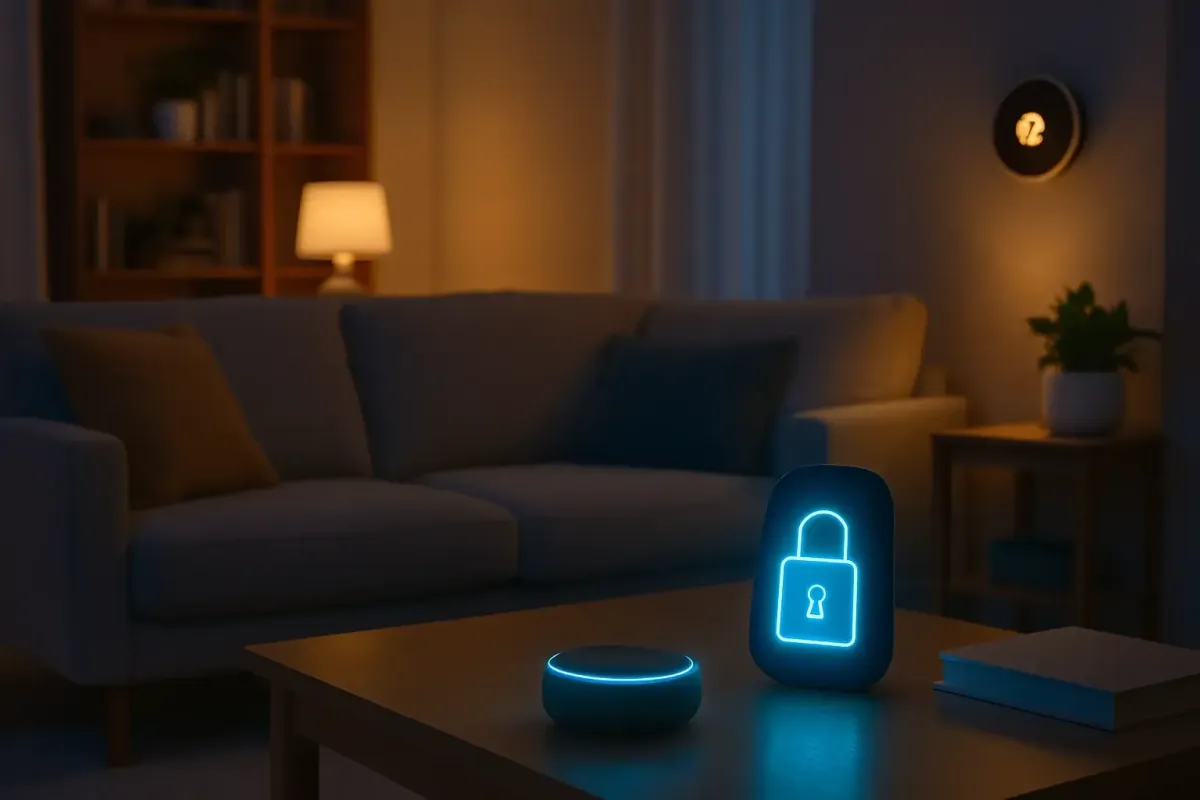 Contemporary living room with ambient lighting, glowing voice assistant, and visible smart thermostat, emphasizing Silver Pine I.T.’s smart home automation expertise.