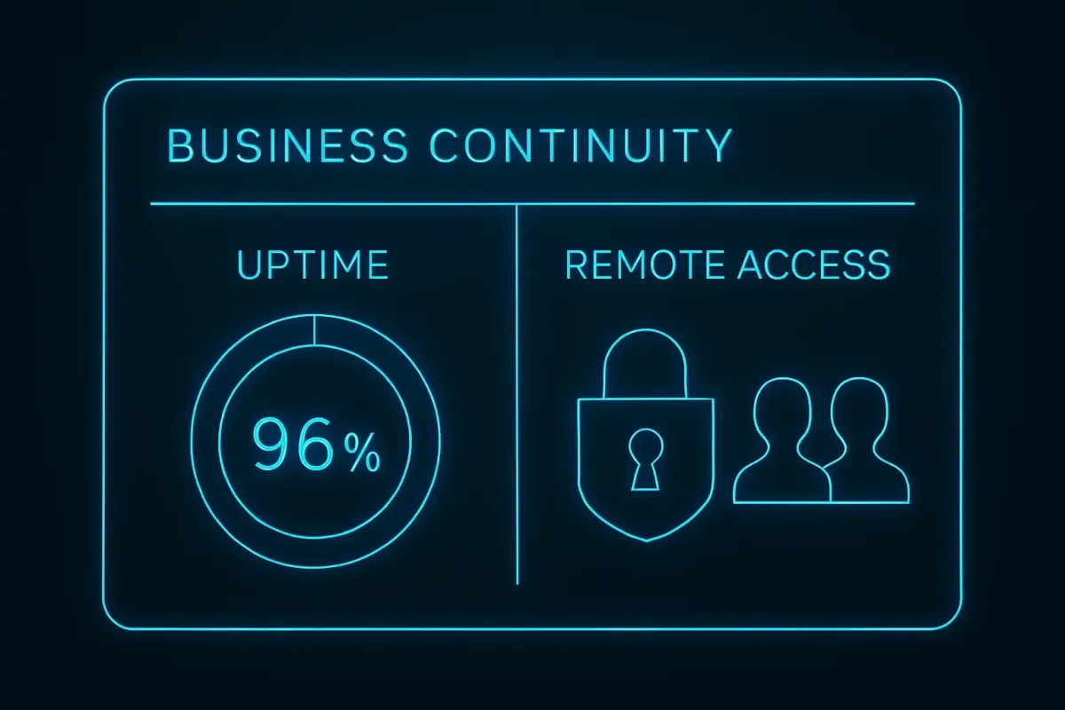 Business continuity dashboard displaying uptime metrics and secure remote access status, supporting Silver Pine I.T.’s reliability and infrastructure resilience.