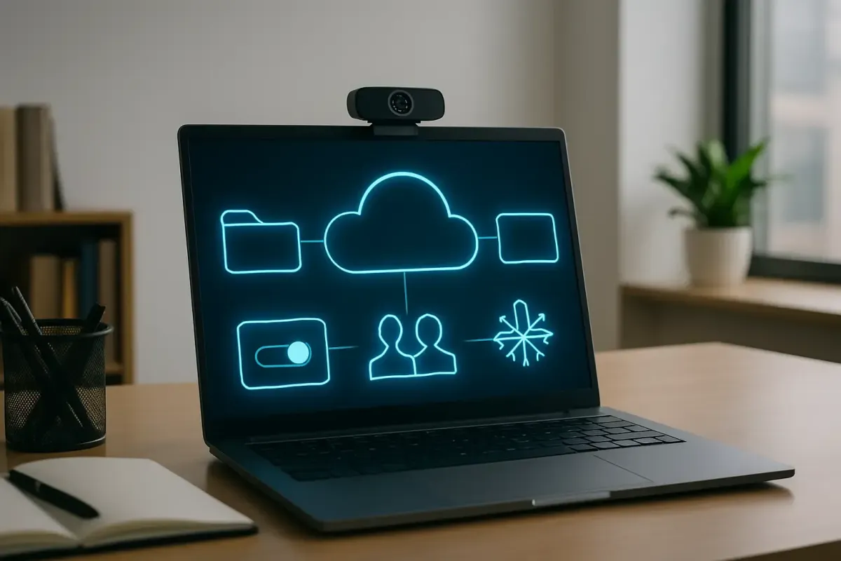 Home office setup featuring a laptop, webcam, and cloud-based collaboration interface, showcasing Silver Pine I.T.’s remote productivity solutions.