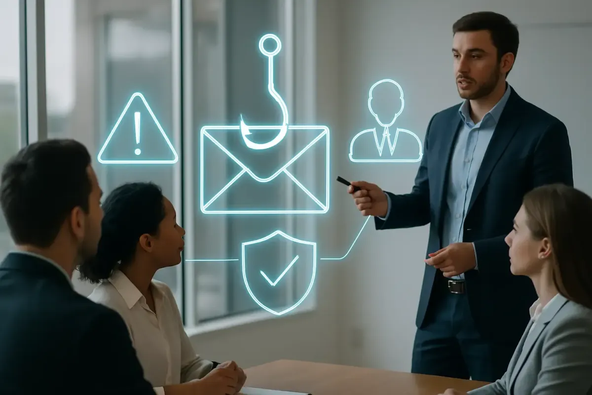 Business team engaged in cybersecurity training session with holographic visuals of phishing threats and security procedures, highlighting Silver Pine I.T.’s corporate awareness programs.