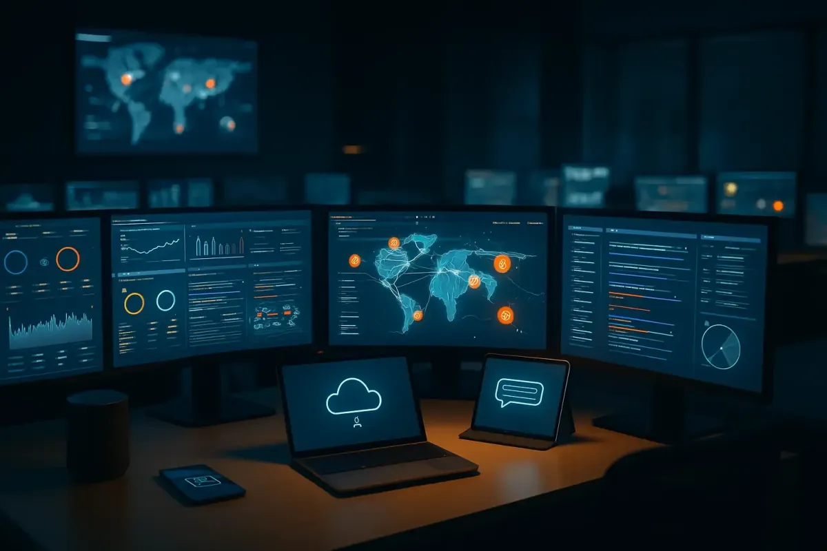 Dimly lit operations center showcasing glowing monitors with live system dashboards and security alerts, reflecting Silver Pine I.T.’s advanced threat detection capabilities.