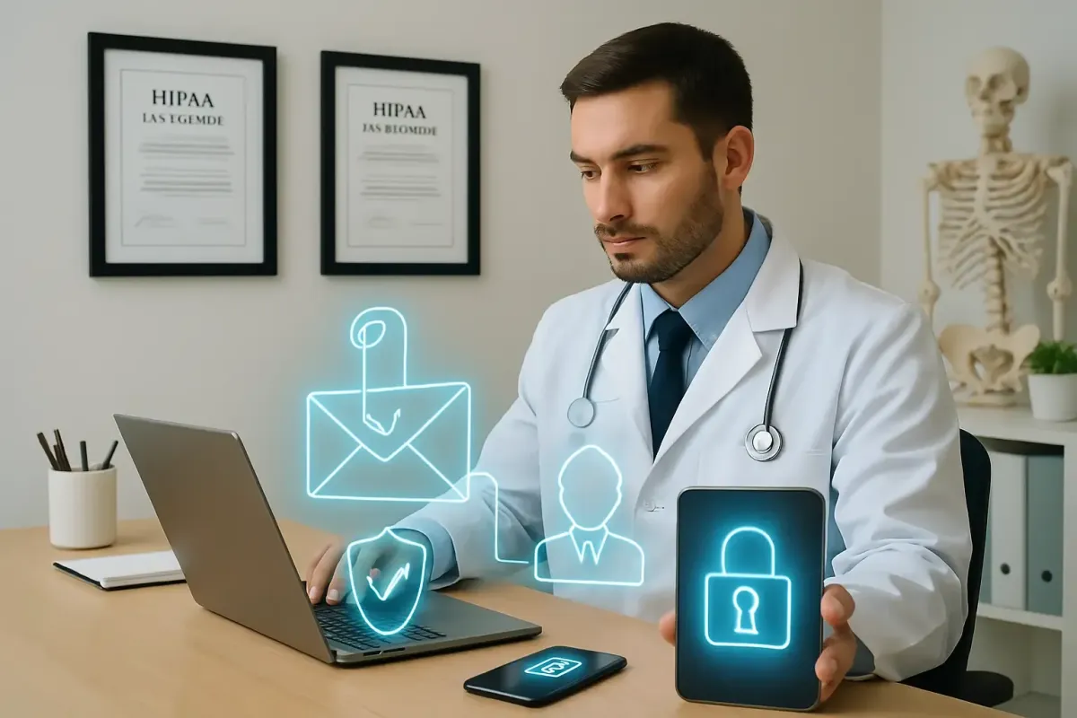 Modern medical office displaying framed HIPAA certificates and secure digital devices, representing Silver Pine I.T.’s commitment to healthcare data security.