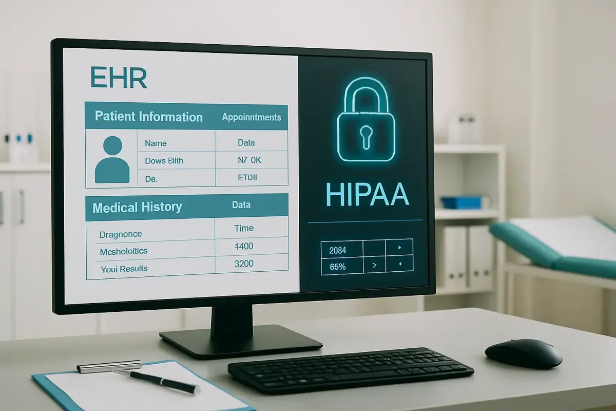 Silver Pine I.T. medical desk setup displaying EHR software, HIPAA-compliant security indicators, and patient scheduling tools.