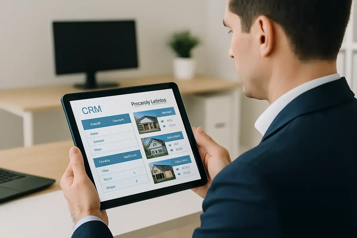 Silver Pine I.T. agent using CRM and property management tools on a tablet in a modern real estate office.