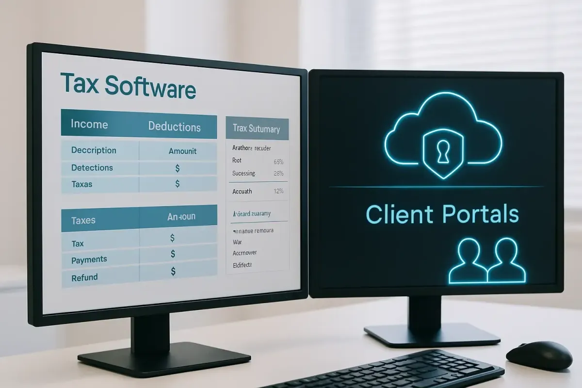 Silver Pine I.T. dual-monitor setup showing active tax software, encrypted file transfer icons, and secure client portals in a well-lit desk space.