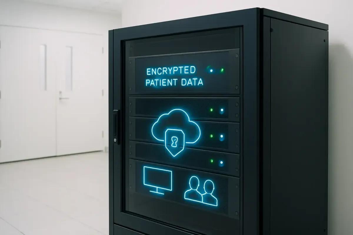 Silver Pine I.T. server cabinet storing encrypted patient data, glowing indicators visible in a clean, sterilized back-office environment.