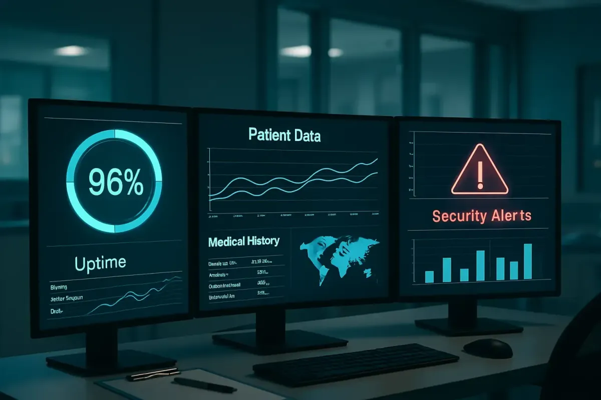 Silver Pine I.T. hospital control room showcasing patient data flow, uptime metrics, and cybersecurity alerts on widescreen dashboards.
