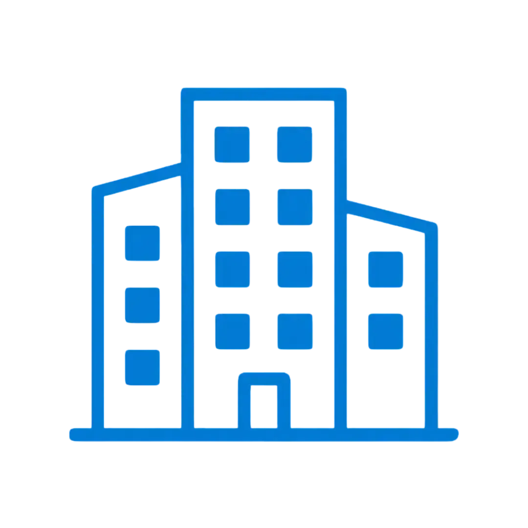 Bold blue icon of a multi-story office building symbolizing Silver Pine I.T.'s enterprise IT infrastructure support.