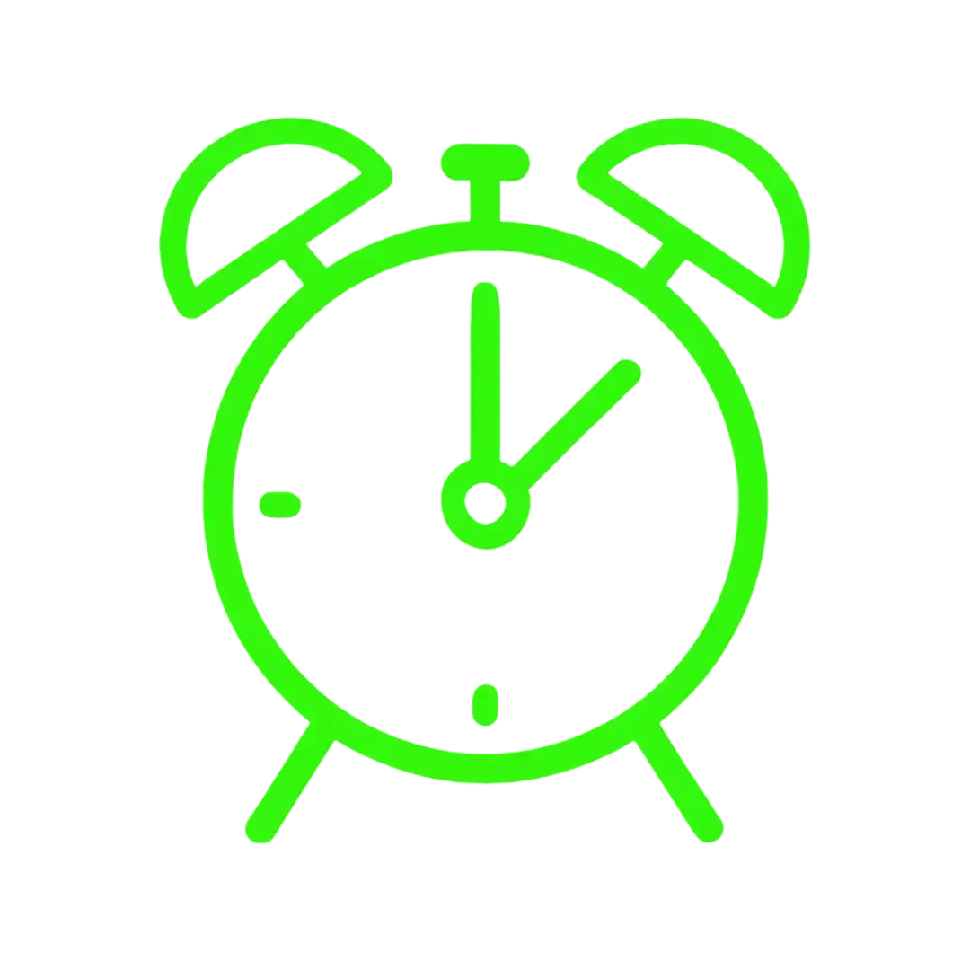 Neon green alarm clock icon symbolizing Silver Pine I.T.’s proactive alerting and real-time system monitoring.