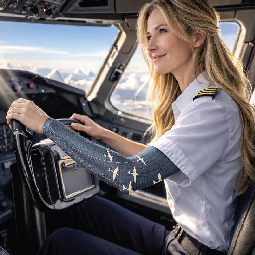 Pilot in cockpit wearing sun protection sleeve with sunlight coming through the window