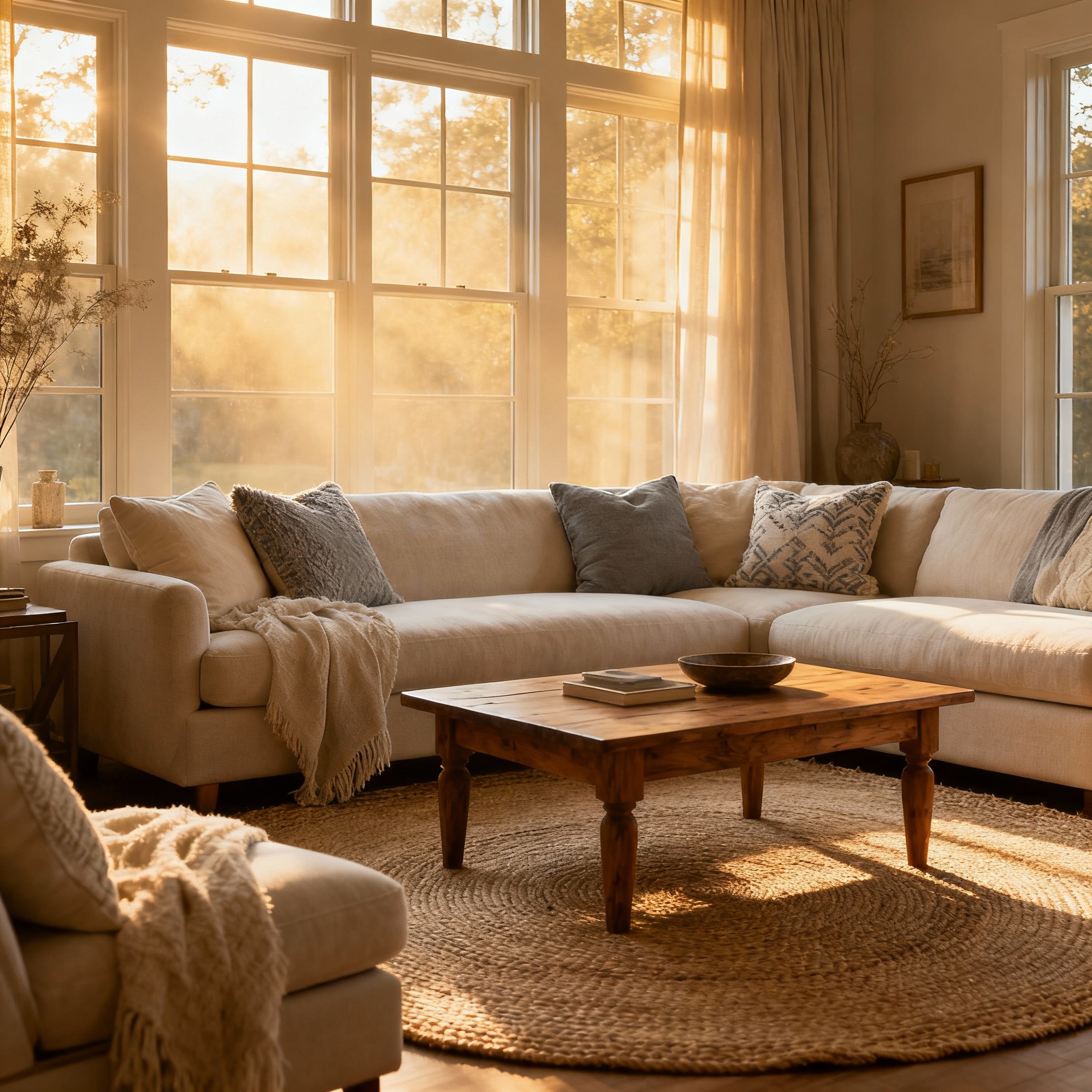 Beautifully staged living room / neutral interiors with sunlight