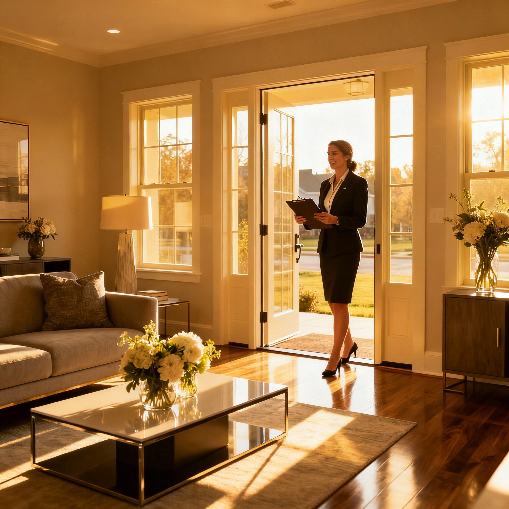 Realtor greeting visitors at an open house