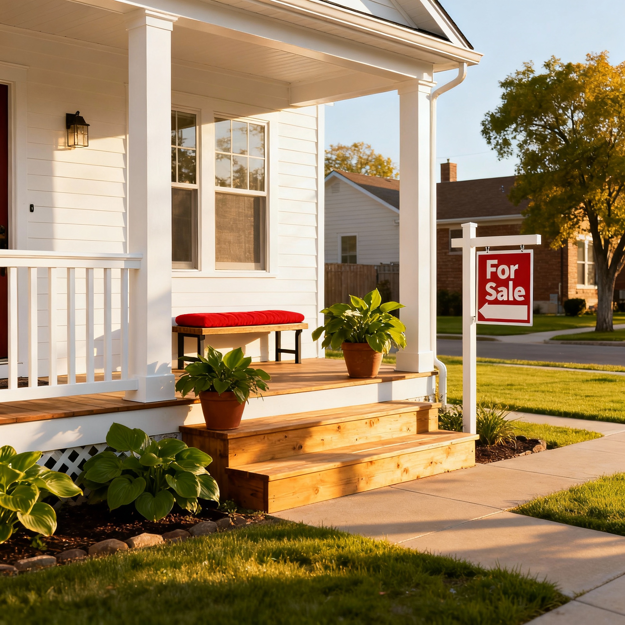 A tidy front porch or “For Sale” sign in a Tulsa neighborhood