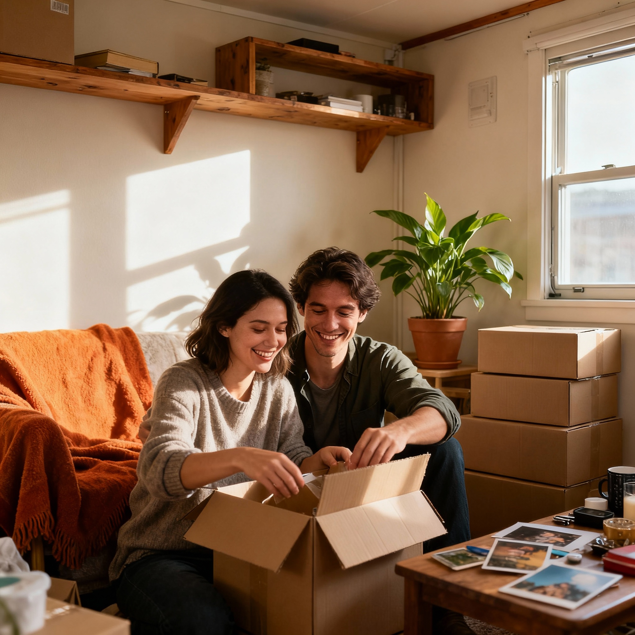Smiling couple packing boxes or cozy small home