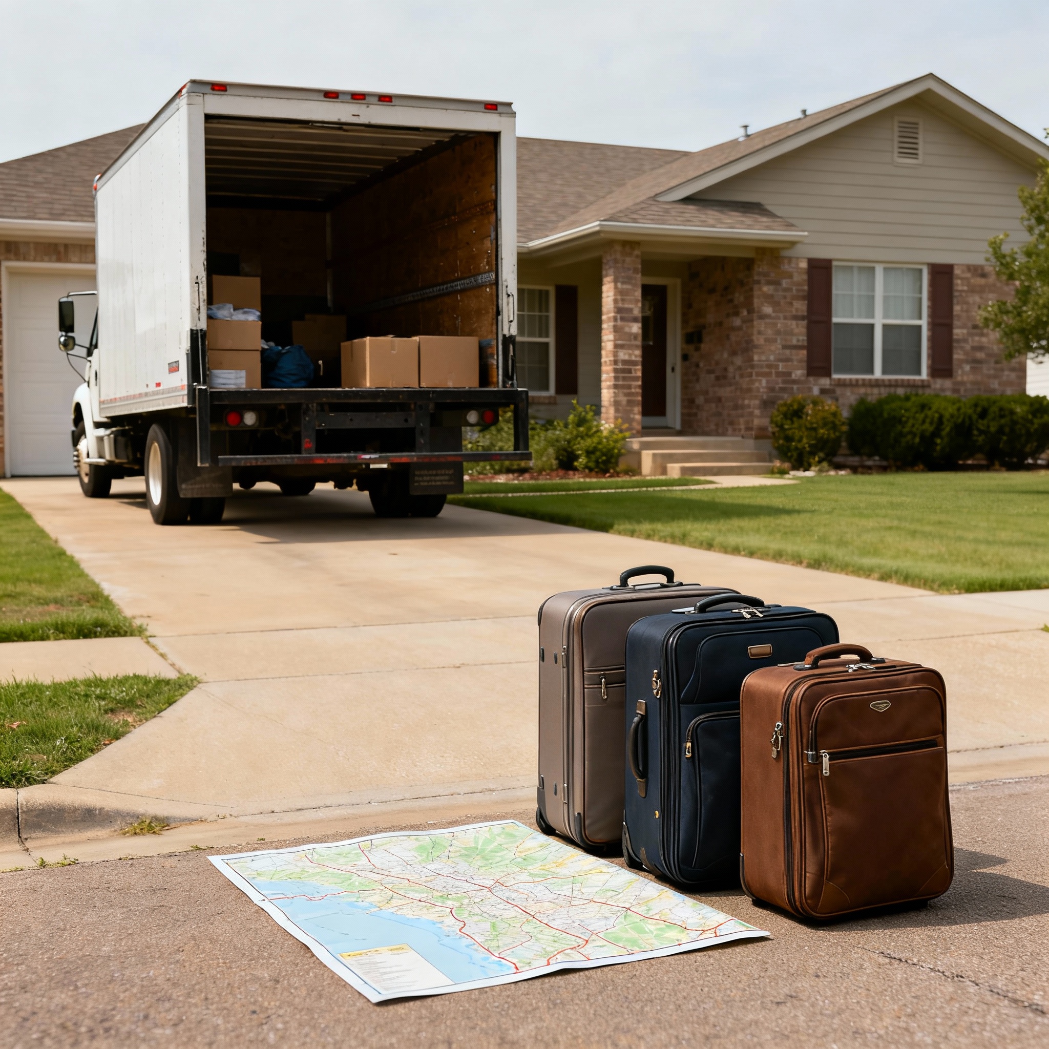 Map, suitcases, or moving truck in driveway