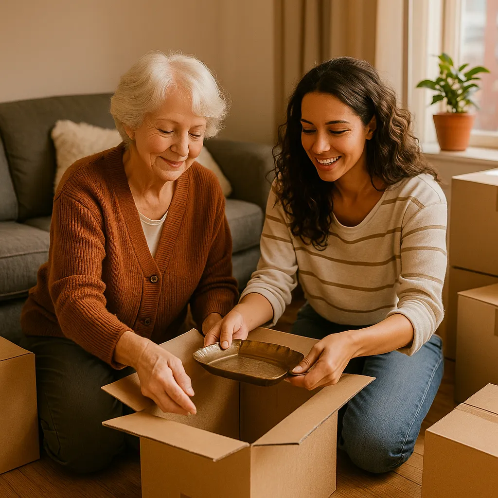 An older woman sorting belongings into boxes inside a cozy living room, representing the downsizing process.