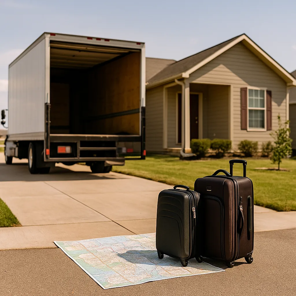 A moving truck parked in the driveway of a suburban home with luggage on the ground, reflecting the process of relocating to a new city.