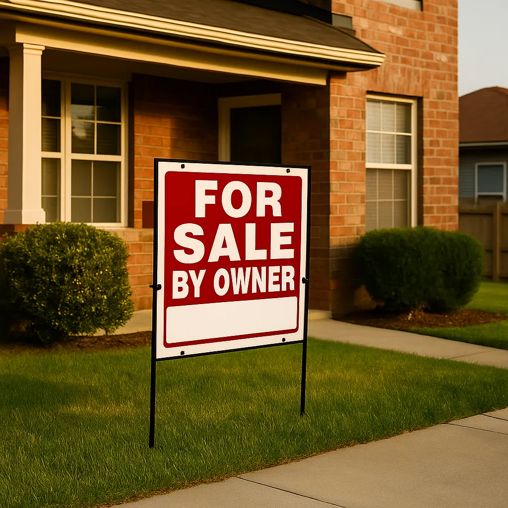 A For Sale By Owner sign in the yard of a suburban home at sunset, symbolizing a homeowner selling without an agent.
